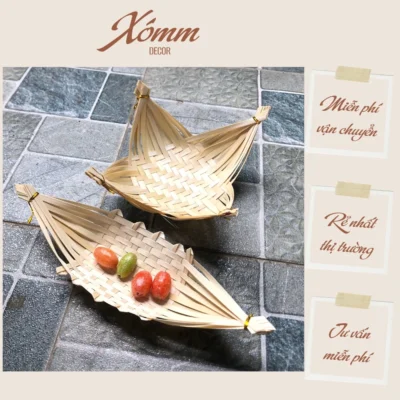 Thuyền tre, đĩa tre, mẹt tre hình thuyền đựng đồ ăn quán cafe, nhà hàng, trang trí decor chụp hình