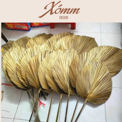 Lá cọ khô phun sơn màu vàng đồng trang trí decor nhà cửa, tiệc cưới, quán cafe