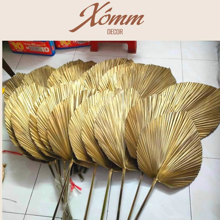 Lá cọ khô phun sơn màu vàng đồng trang trí decor nhà cửa, tiệc cưới, quán cafe